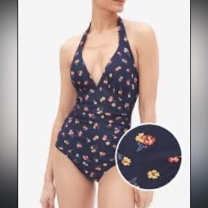 Gap Ruched Halter V Neck Blue Floral One Piece Swimsuit XL